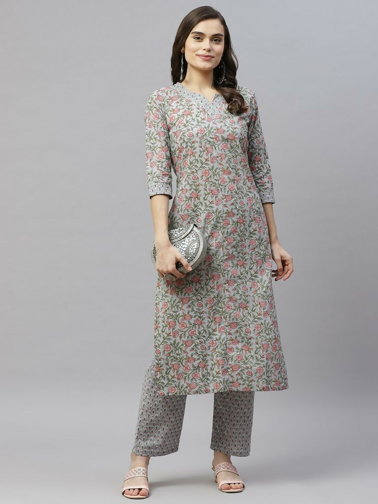 Miravan Women's Cotton Floral Printed Straight Kurta Palazzo  | Grocsy