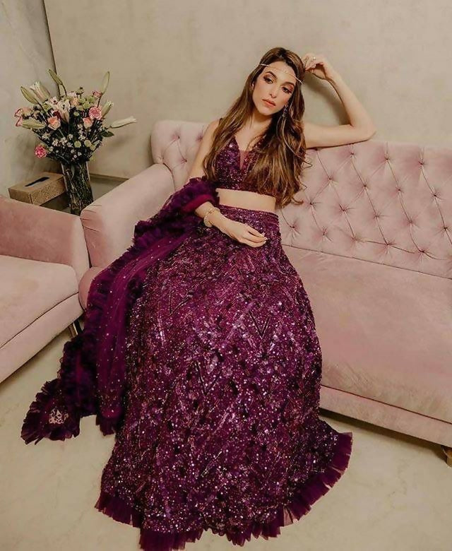 Jyoti Fashion Women's Wine Velvet Thread with Sequins & Ruffle Border Work Designer Lehenga Choli Set | Grocsy