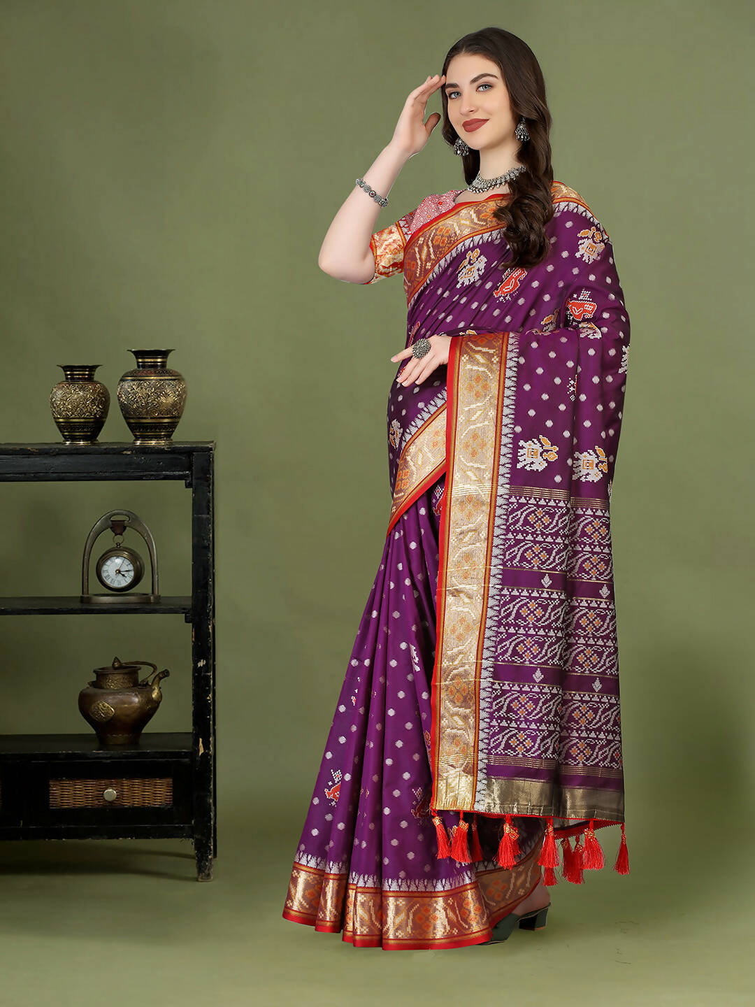 Lorenvalley Fashion Purple Patola Silk Woven Design Zari Meenakari Weaving Saree | Grocsy