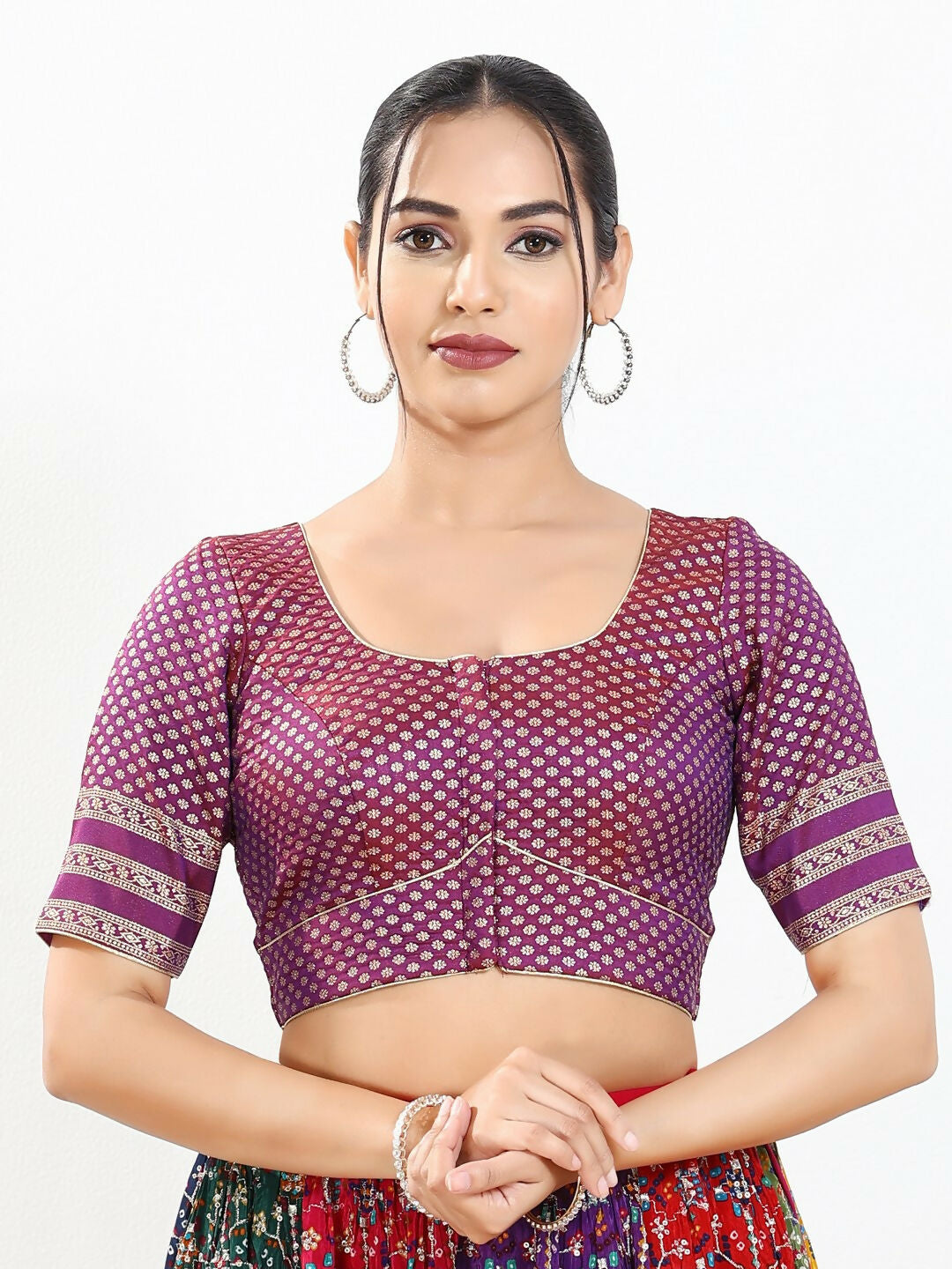 Joban Fashion Purple Brocade Padded Blouse With Round Neck Elbow Sleeves | Grocsy