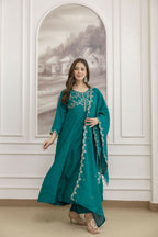 The52 Rama Women's Beautiful Vichitra Silk Fabric Embroidered Work Flared Anarkali Pant and Dupatta Set | Grocsy