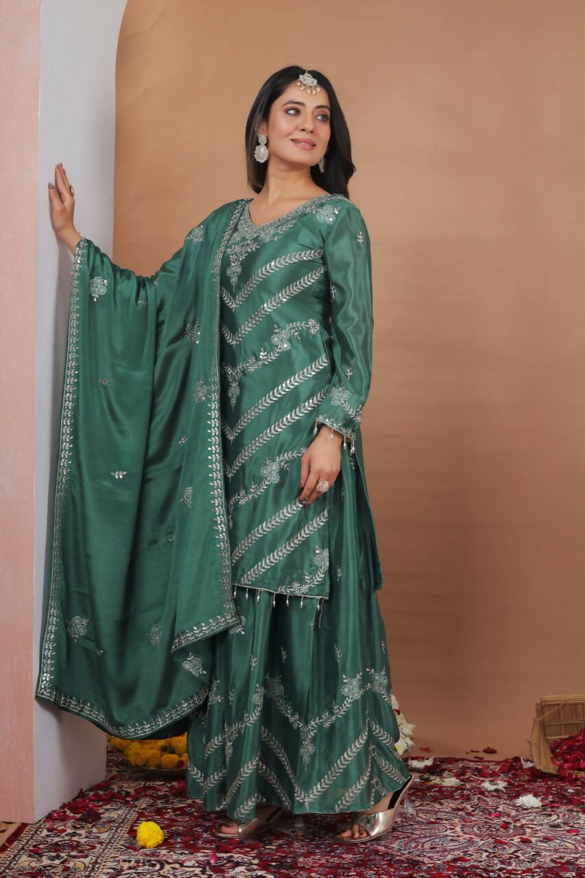 Teeya Creation Green Color Chinon Silk Wedding Wear Trending Palazzo Set | Grocsy