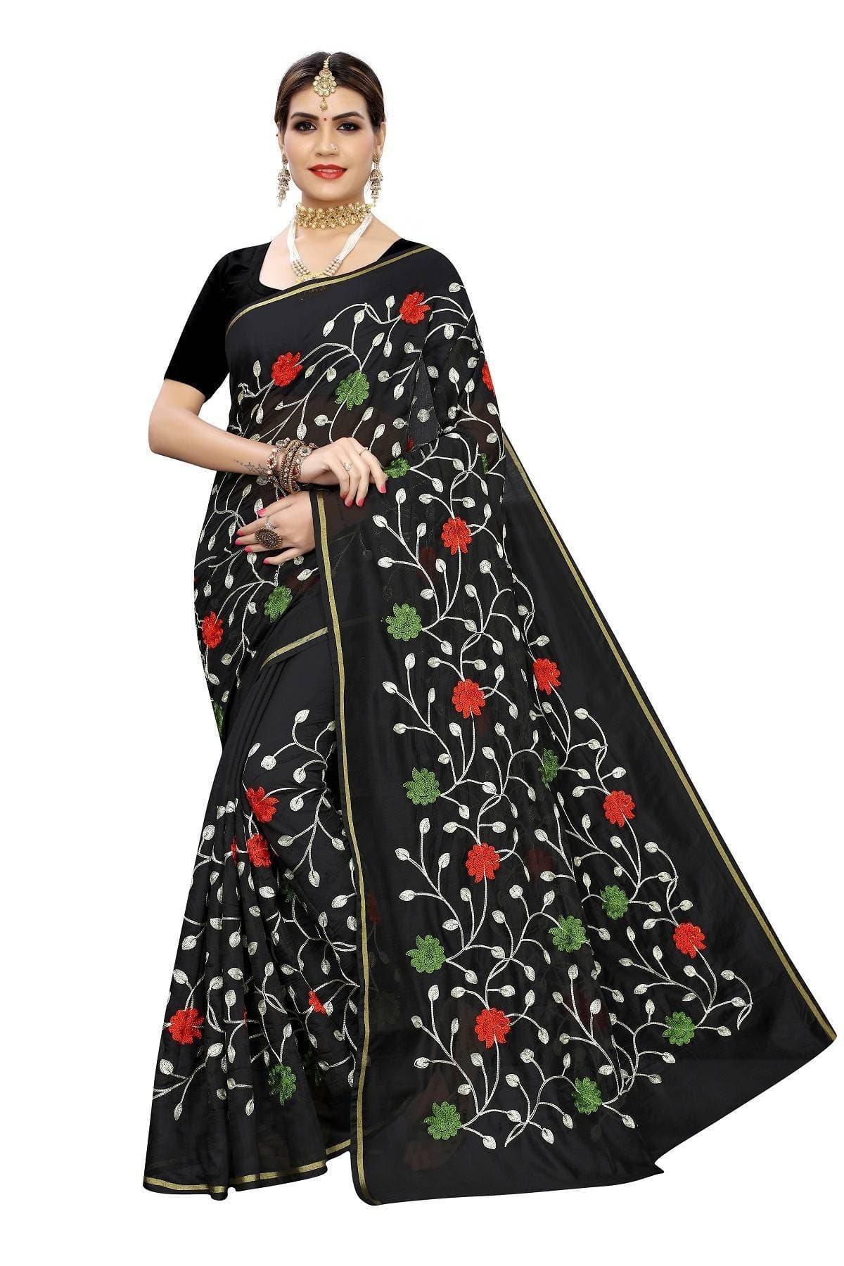 Vamika Black Chanderi Cotton Red Flowers Embroidery Saree | Grocsy