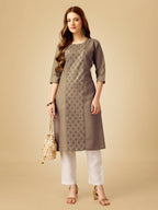 Jyoti Fashion Women's Khaki Cotton Blend Embroidered Kurta Pant Set | Grocsy