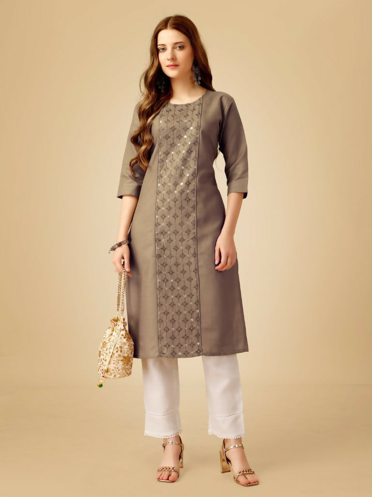 Jyoti Fashion Women's Khaki Cotton Blend Embroidered Kurta Pant Set | Grocsy