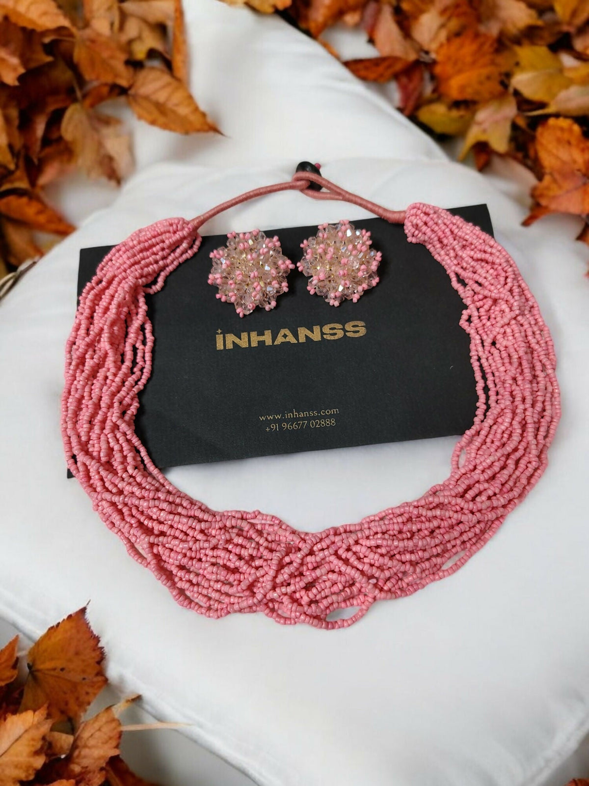 Inhanns Vibrant Handmade 20 Layers Beaded Necklace With Matching Earrings - Light Pink | Grocsy