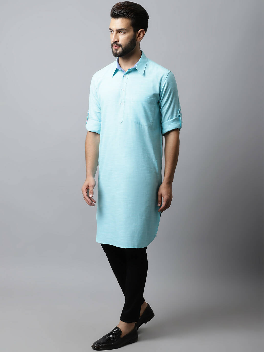 Even Apparels Blue Color Pure Cotton Solid Men's Kurta With Shirt Collar (SLD1132) | Grocsy