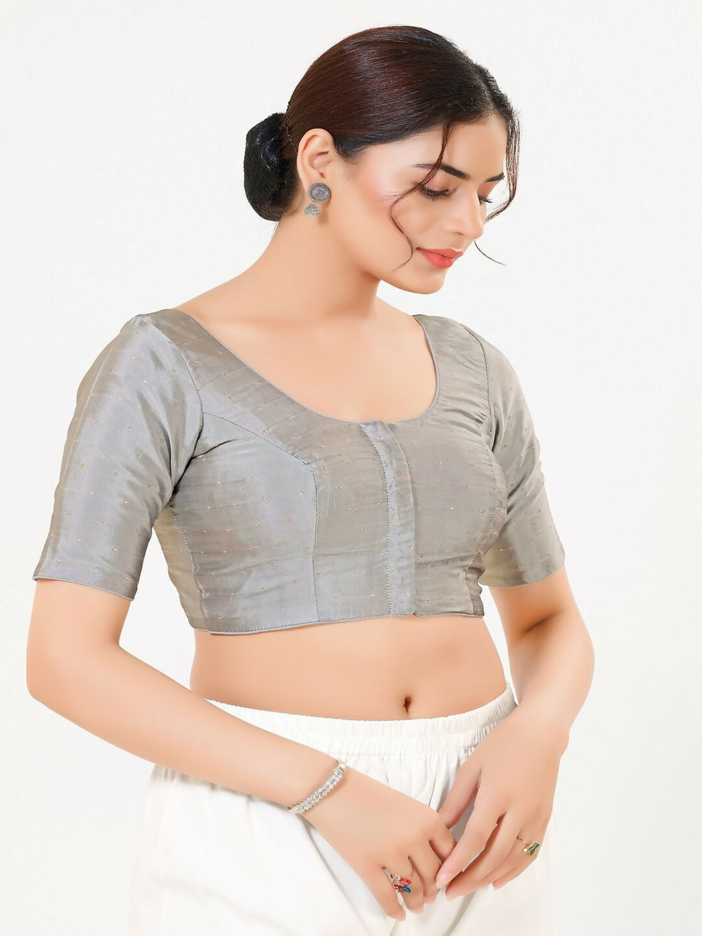 Joban Fashion Grey Taffeta Silk Elbow Sleeveless Front Open Blouse | Grocsy