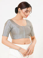 Joban Fashion Grey Taffeta Silk Elbow Sleeveless Front Open Blouse | Grocsy