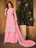 Myra Baby Pink Net Embroidered Palazzo Suit | Grocsy