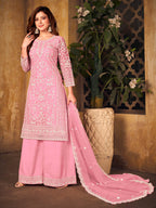 Myra Baby Pink Net Embroidered Palazzo Suit | Grocsy