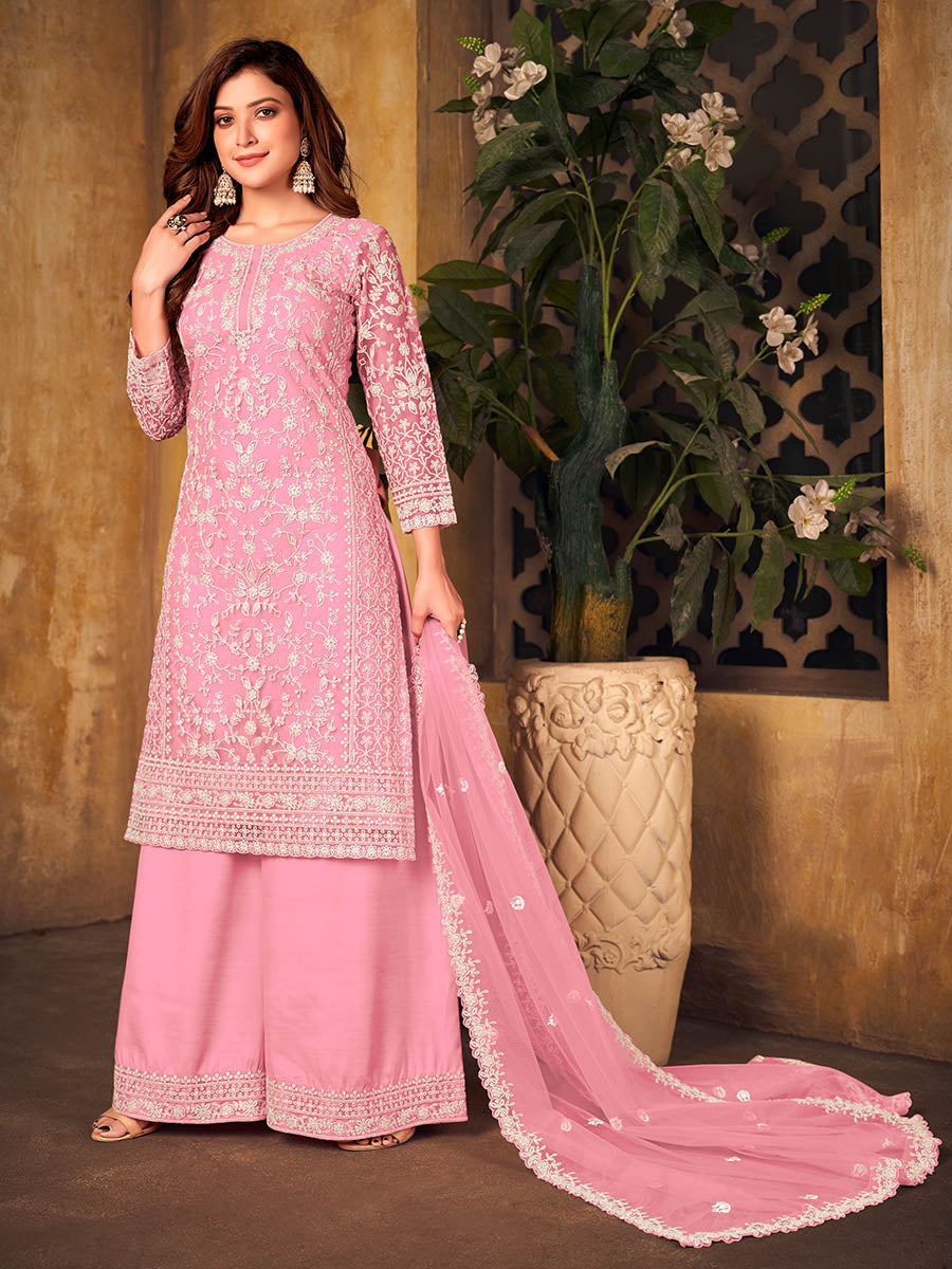 Myra Baby Pink Net Embroidered Palazzo Suit | Grocsy