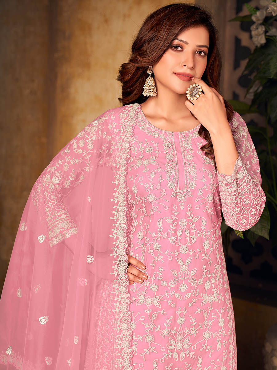 Myra Baby Pink Net Embroidered Palazzo Suit | Grocsy