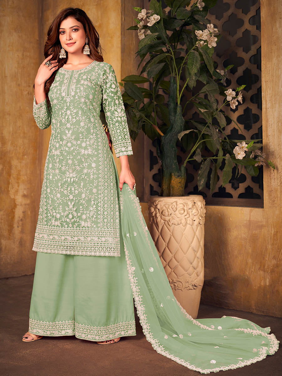 Myra Mint Green Net Embroidered Palazzo Suit | Grocsy