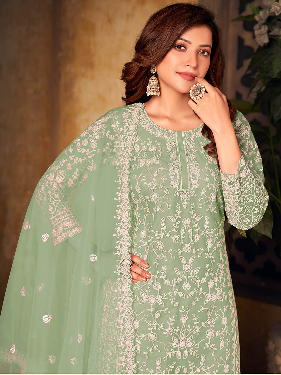 Myra Mint Green Net Embroidered Palazzo Suit | Grocsy