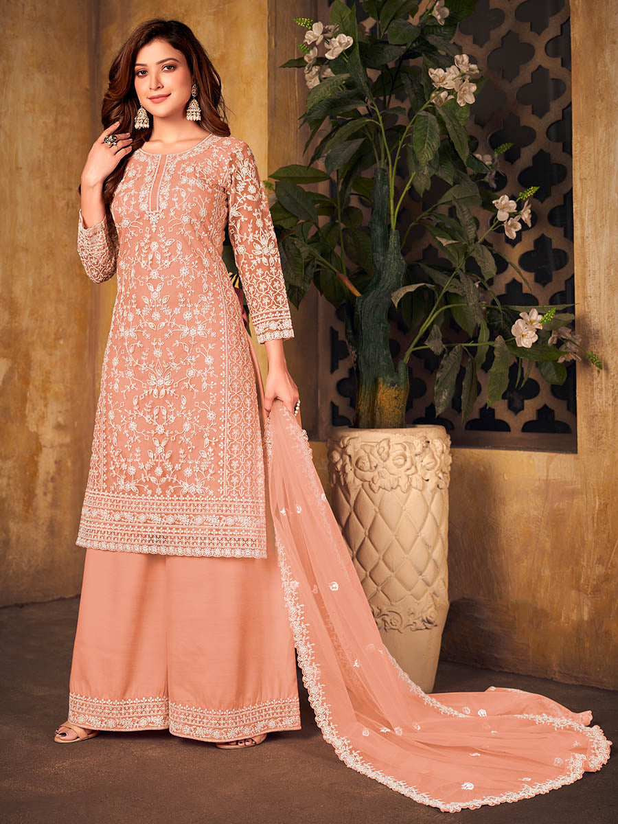 Myra Orange Net Embroidered Palazzo Suit | Grocsy
