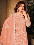 Myra Orange Net Embroidered Palazzo Suit | Grocsy