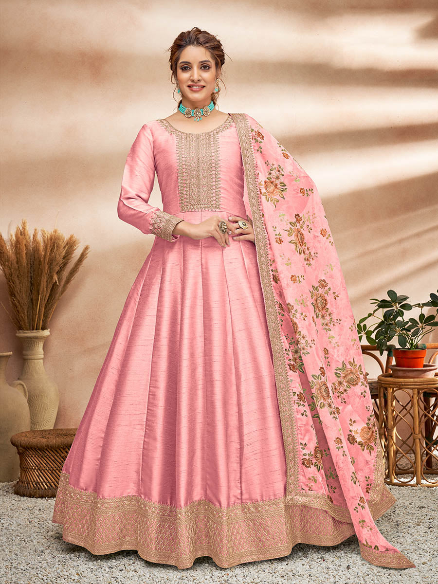Myra Baby Pink Art Silk Embroidered Anarkali Suit | Grocsy