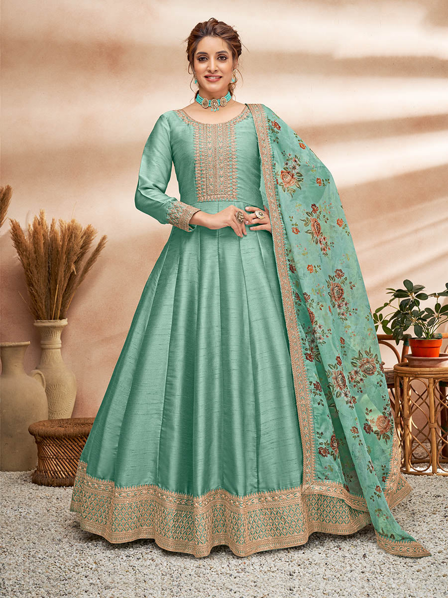 Myra Sea Green Art Silk Embroidered Anarkali Suit | Grocsy