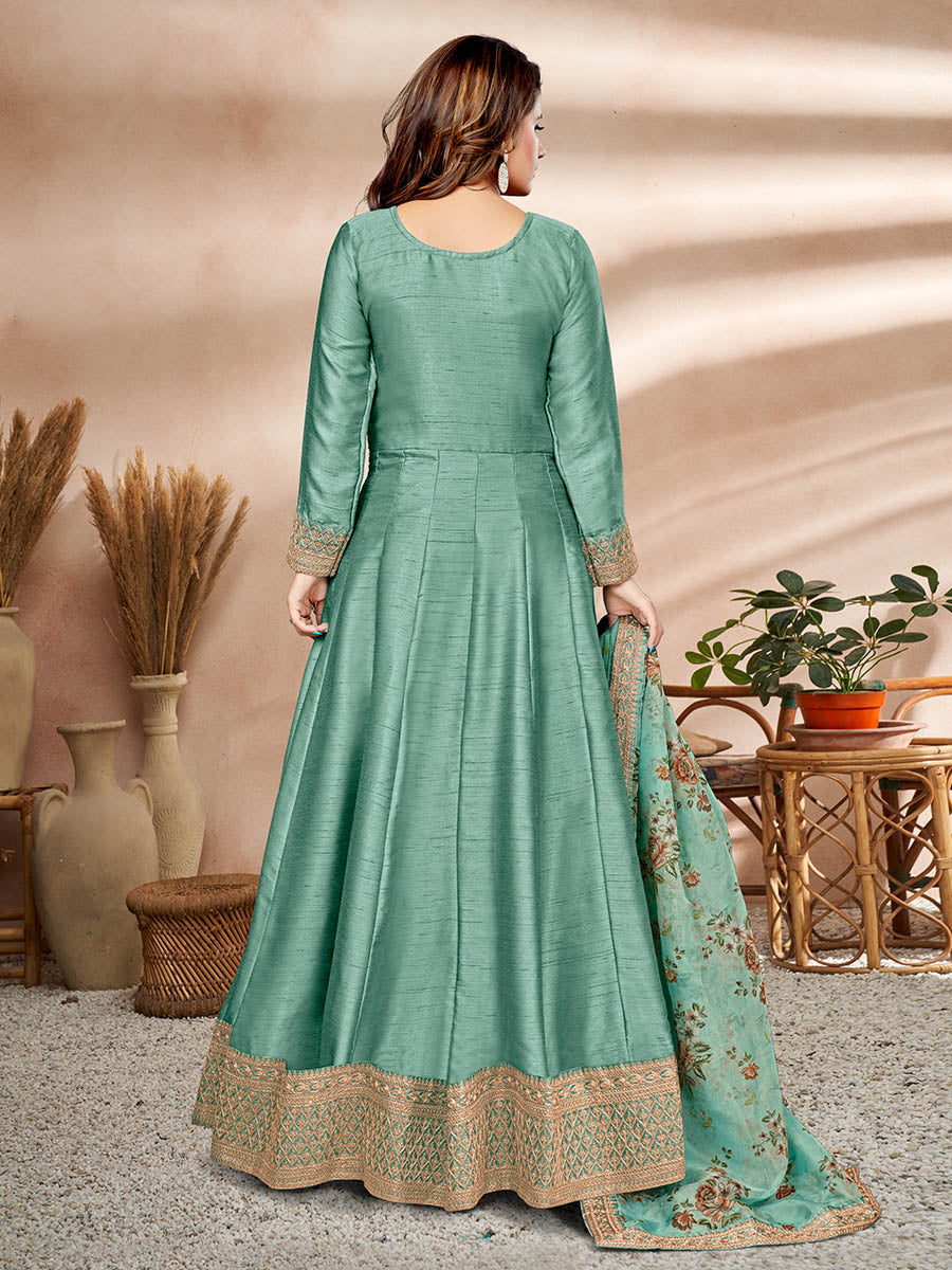 Myra Sea Green Art Silk Embroidered Anarkali Suit | Grocsy