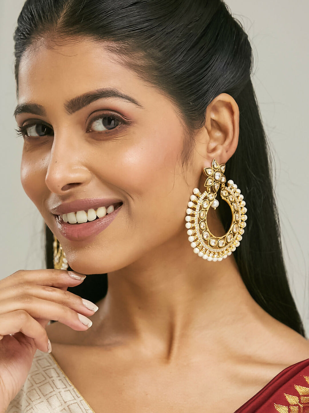 Nuyug 22K Gold-Plated Kundan Studded & Pearl Beaded Floral Chandbali Earrings | Grocsy