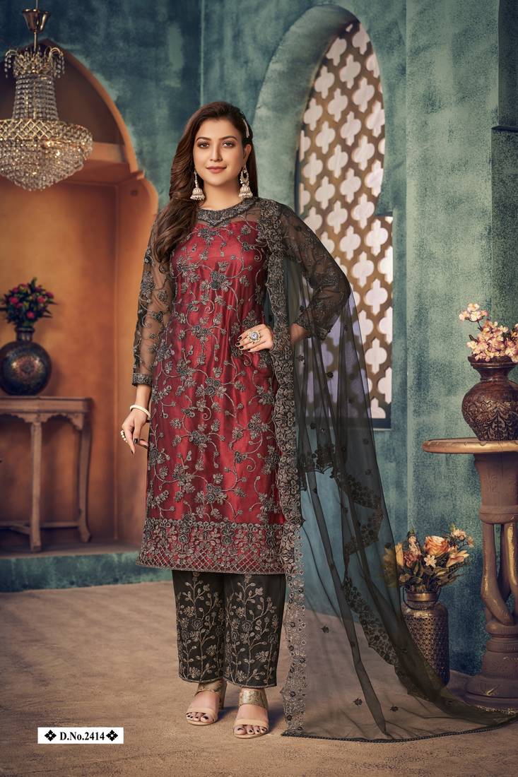 Anaita Maroon Embroidered Net Salwar Suit | Grocsy