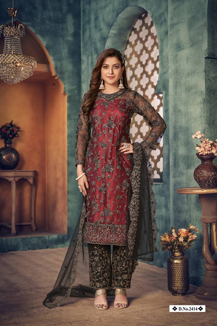 Anaita Maroon Embroidered Net Salwar Suit | Grocsy