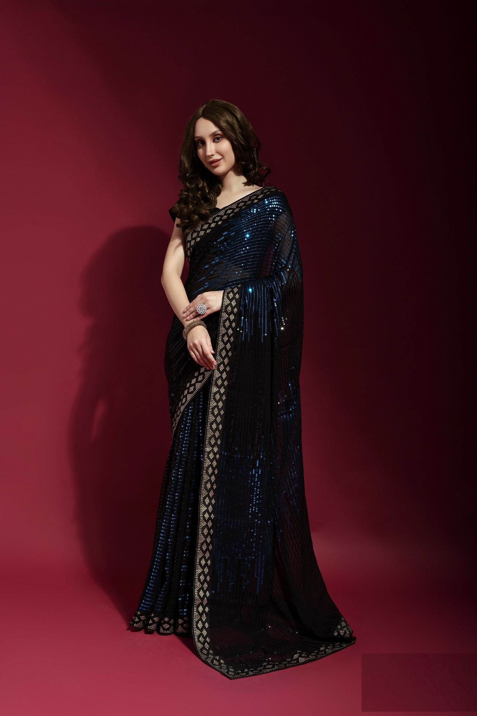Vegaa Fashion Black Georgette Embroidered Party Wear Saree | Grocsy