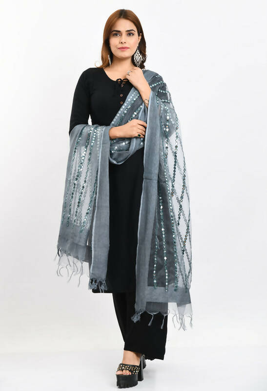 Mominos Fashion Moeza Women's Orgenza Mirror Stripe Thread Work Grey Dupatta | Grocsy