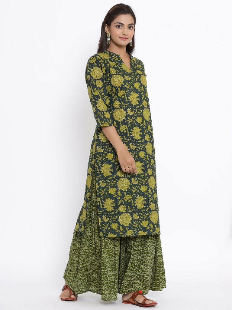 Miravan Women's Green & Yellow Floral Printed Pure Cotton Kurta With Sharara | Grocsy