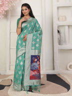 Shree Shyam Fashion Linen Cotton Rama Green Saree | Grocsy