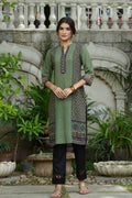 Juniper Green Ethnic Motif Printed Rayon calf length Kurta with Beads & Gota Work | Grocsy