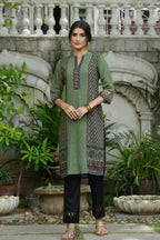 Juniper Green Ethnic Motif Printed Rayon calf length Kurta with Beads & Gota Work | Grocsy