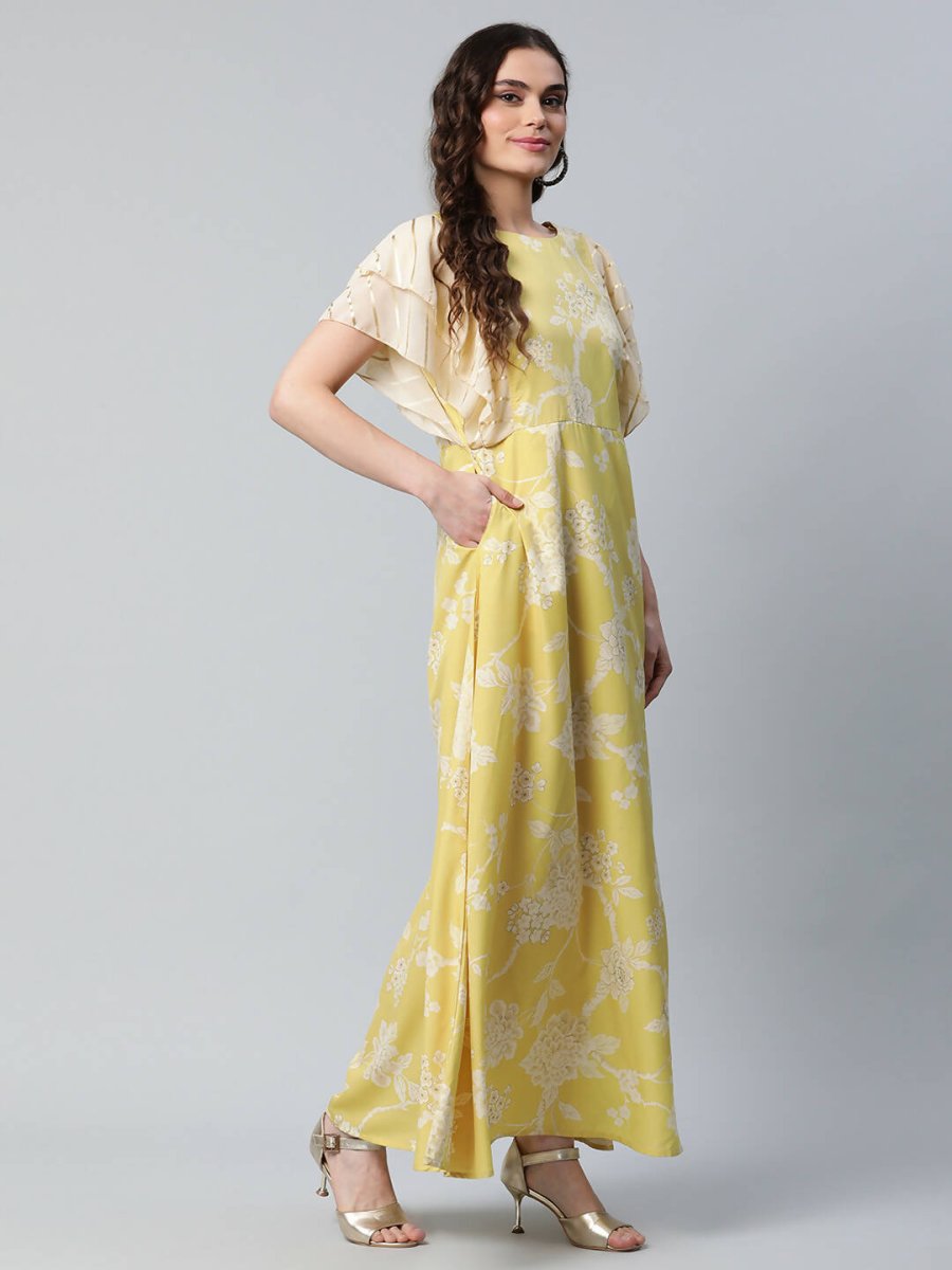 Ahalyaa Womens Lemon Yellow Crepe Floral Dress | Grocsy