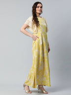 Ahalyaa Womens Lemon Yellow Crepe Floral Dress | Grocsy