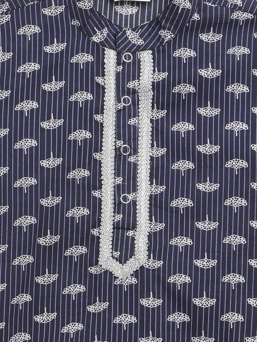 Ahalyaa Boys Navy Blue Pure Cotton Digital Print Kids Kurta Churidar Set | Grocsy