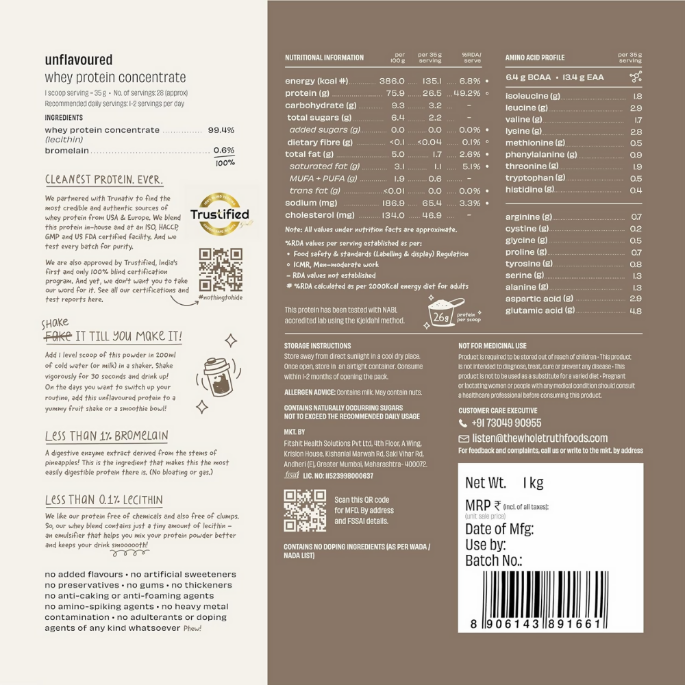 The Whole Truth Whey Protein Concentrate Unflavoured | Grocsy