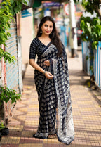 Navy Blue Poly Georgette Ajrak Saree with Unstitched Blouse - A2M | Grocsy