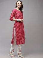 Yufta Women Pink And White Printed Kurta with Trouser & With Dupatta | Grocsy