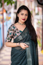 Green Linen Sequence Saree with Unstitched Blouse - Hiral Fashion | Grocsy