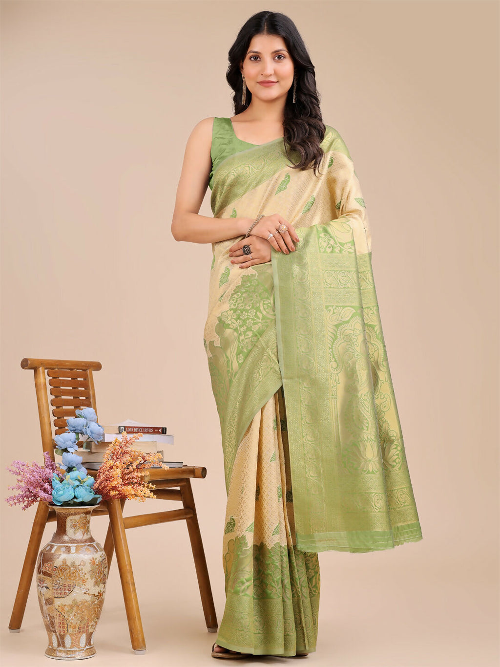 Shree Shyam Fashion Banarasi Silk Cream & Light Green Saree | Grocsy
