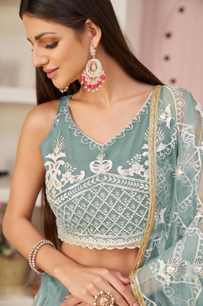 Aastha Fashion Ocean Blue Butterfly Net White Cotton Thread Work, Zari Work And Sandwich Sequence Work Embroidery Wedding Wear Lehenga Choli | Grocsy