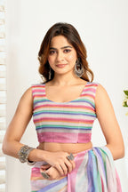 Vastranavya Rainbow Digital Printed Linen Ready To Wear Designer Saree with Unstitched Blouse | Grocsy