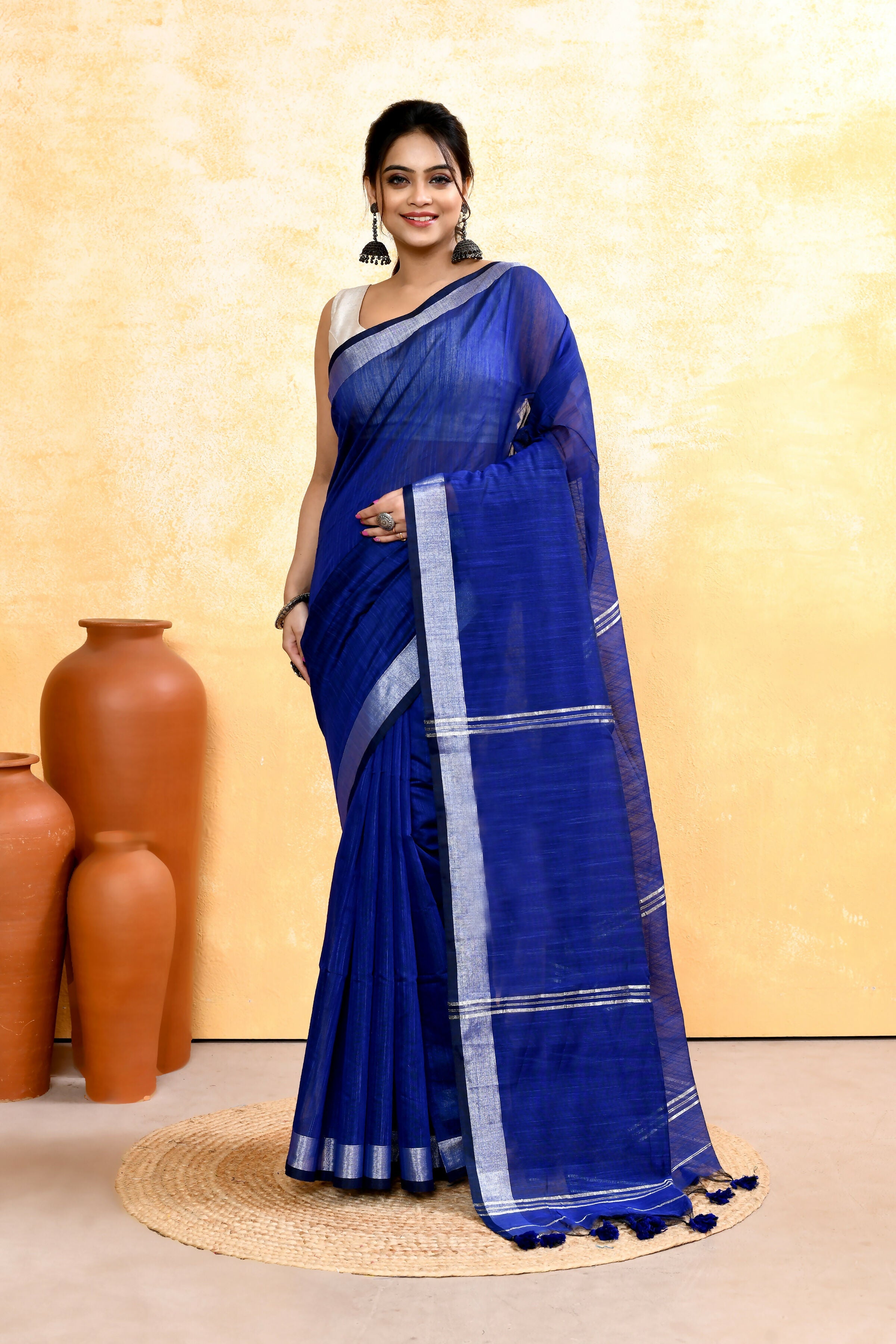 Piyari Fashion Women's Royal Blue Embellished Cotton Blend Zari Border Handloom Saree | Grocsy