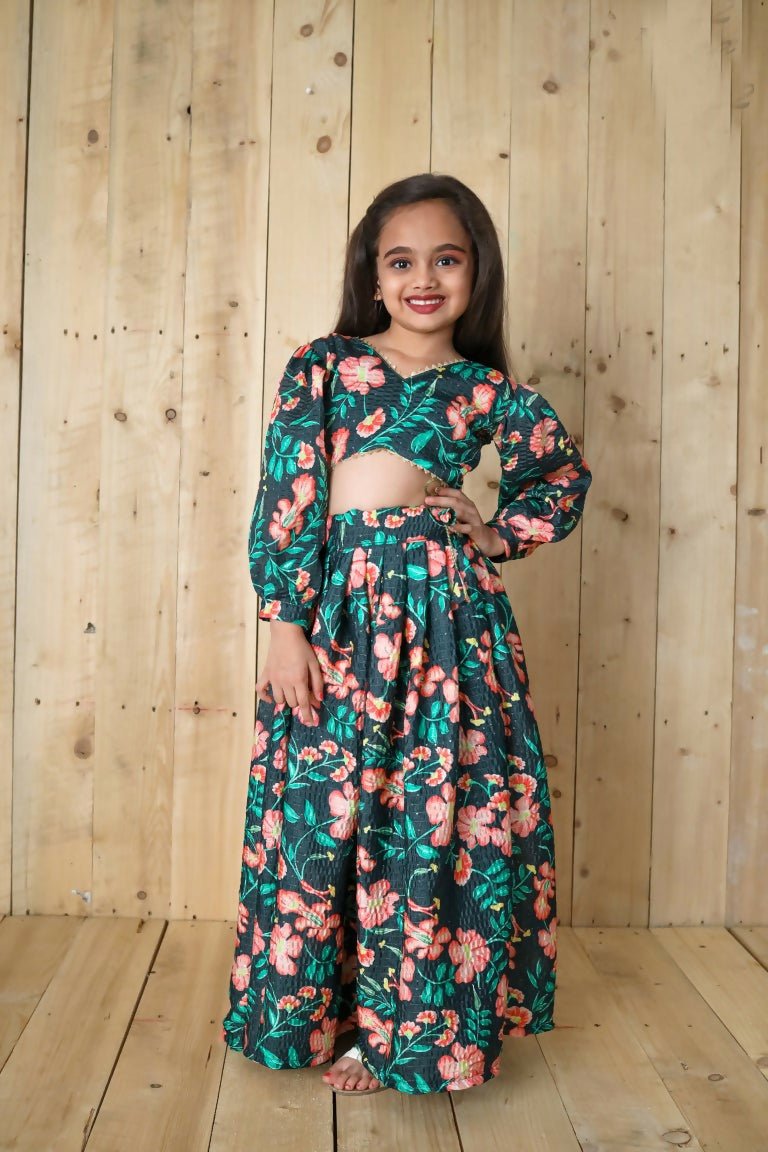 Aayaa Designer Printed Chinon Crochet Sequance Kids Lehenga Choli - Green | Grocsy