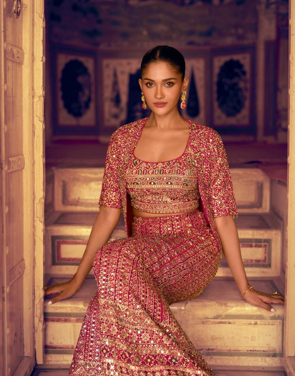 Anaita Magenta Georgette Stitched 3 Piece Set With Embroidery Zarkan Work | Grocsy