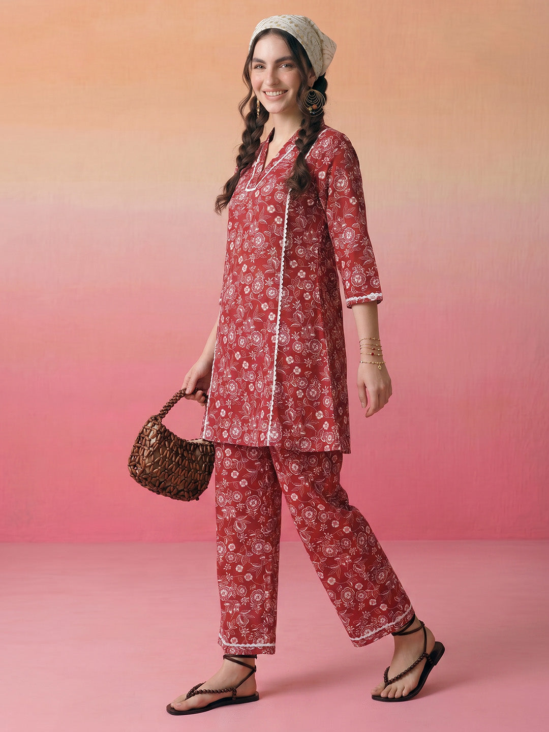 Janasya Rust A-Line Rayon Blend Pant Co-ord Sets | Grocsy