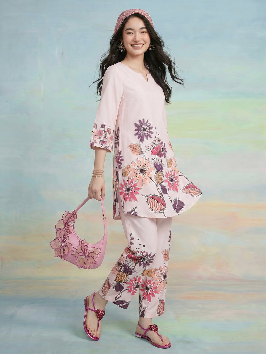Janasya Peach A-Line Rayon Pant Co-ord Sets | Grocsy