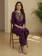 Janasya Purple Straight Rayon Blend Pant Co-ord Sets | Grocsy