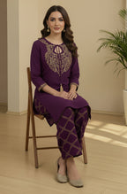 Janasya Purple Straight Rayon Blend Pant Co-ord Sets | Grocsy